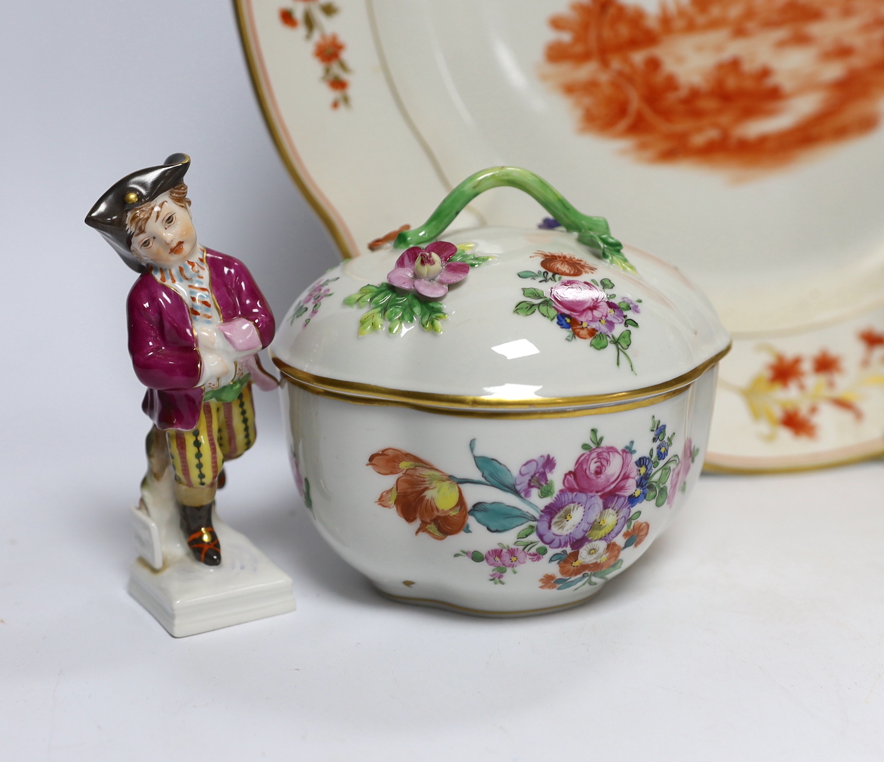 A Dresden porcelain box and cover, a Berlin brule parfum, two figures and a Nymphenburg Munich 1880-1980 commemorative dish, diameter of the dish 33cm